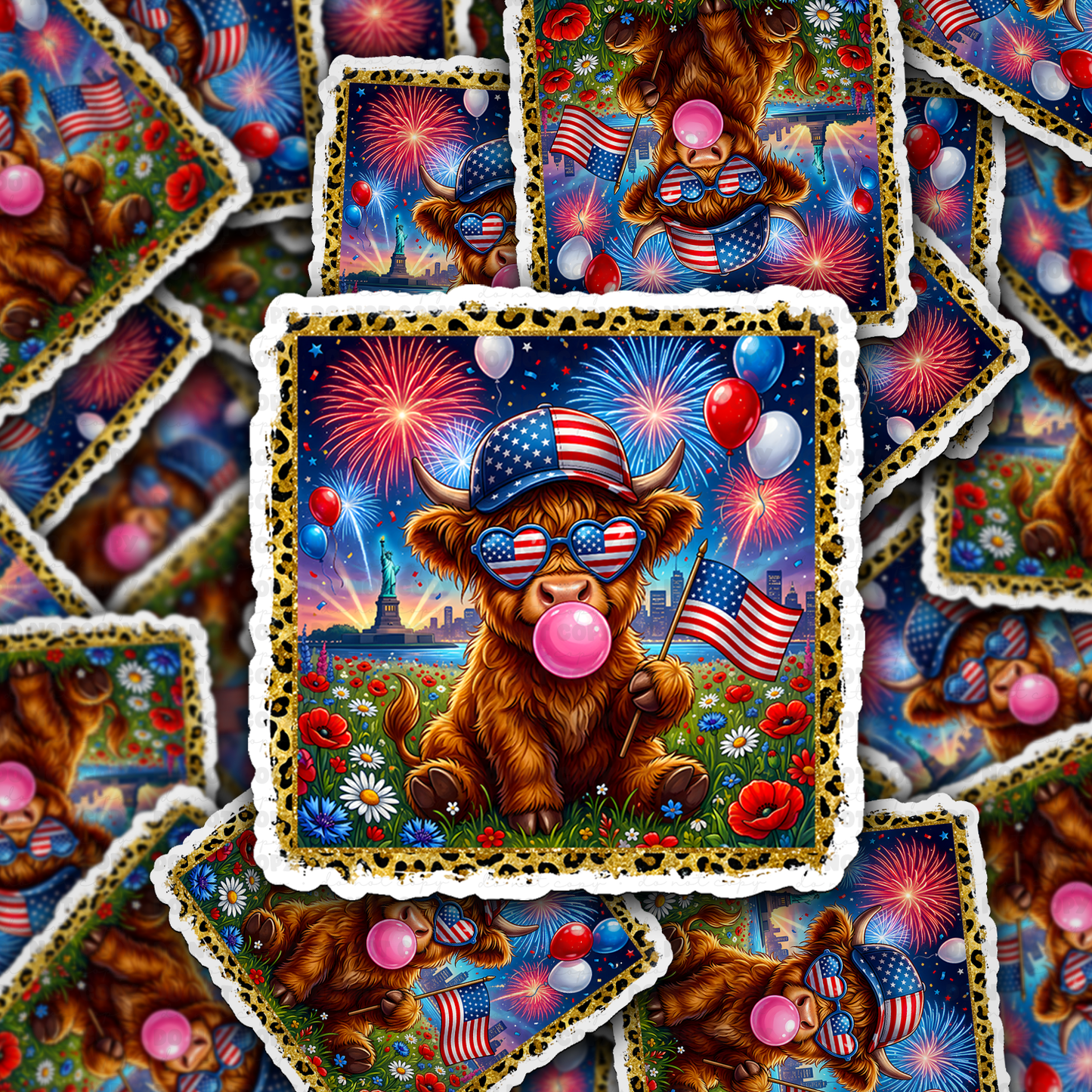 DS 3079 - 4th of July highland cow Die Cut sticker
