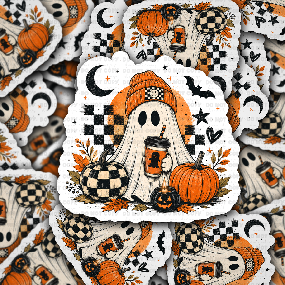DS 3320 - Ghost with pumpkins and coffee Die Cut sticker