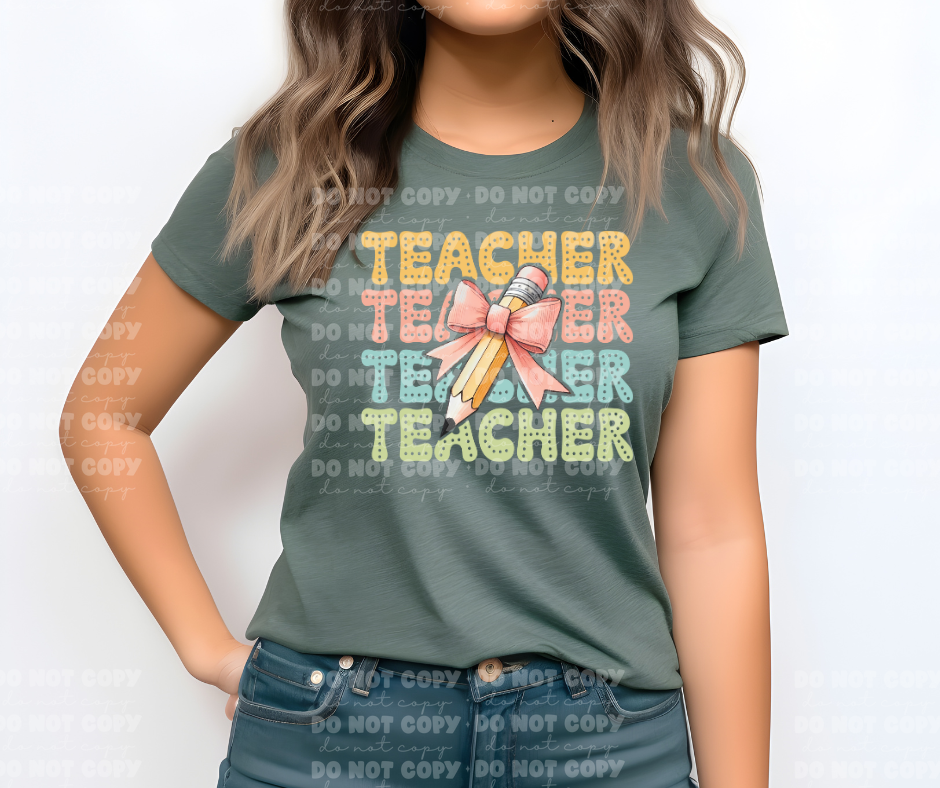 4268 Teacher stacked coquette bow pencil *DREAM TRANSFER* DTF
