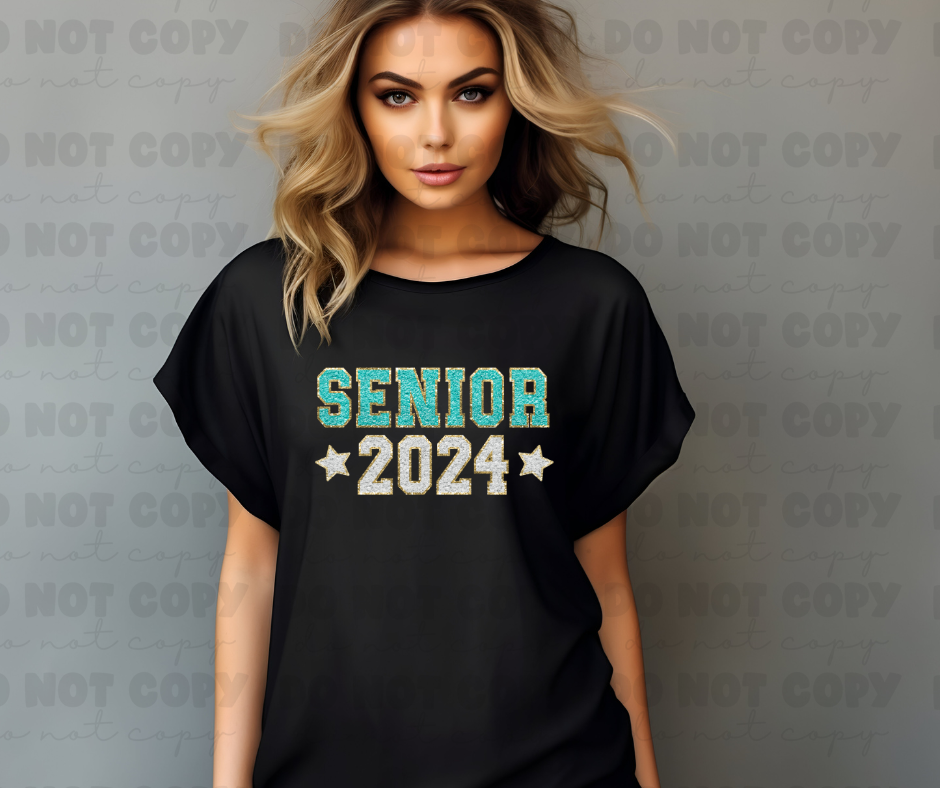 3831 Glitter Patch Senior 2024 Stars Teal DREAM TRANSFER* DTF