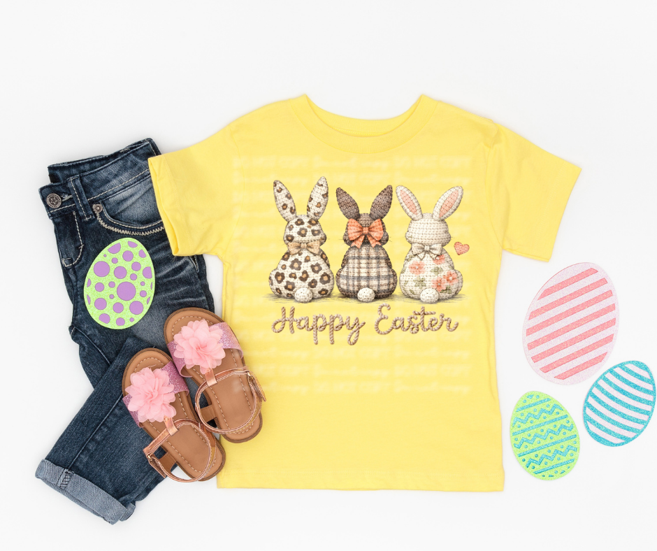 6740 - Faux yarn Happy Easter bunnies *DTF Transfer