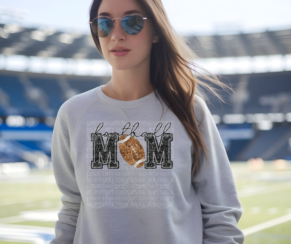 5249 - Football Mom faux glitter black with light football *DTF