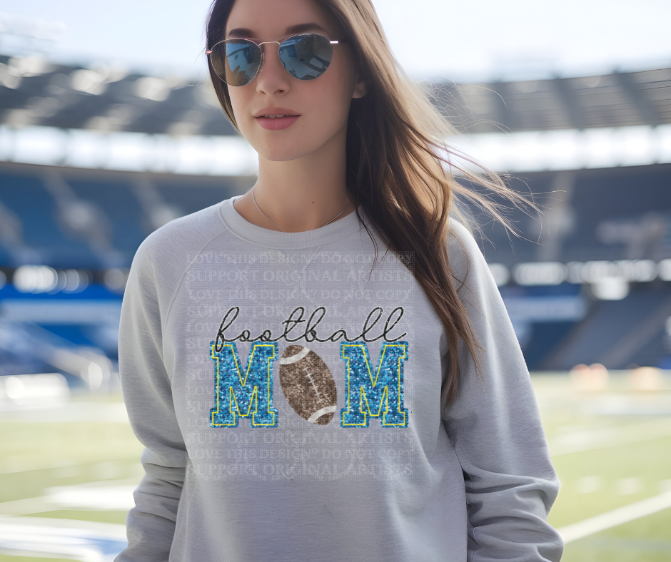 5232 - Football Mom faux glitter blue and yellow with dark football *DTF