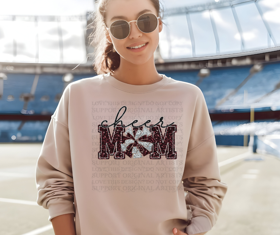 5227 - Cheer Mom faux glitter maroon *DTF