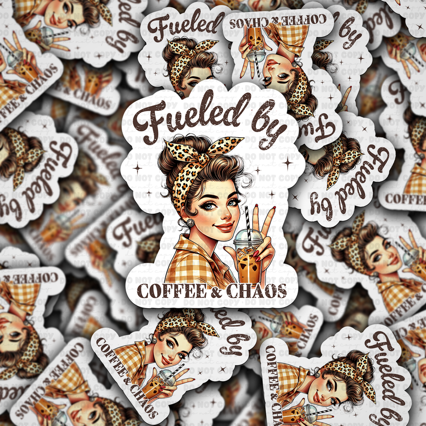 DC 1658 - Fueled by coffee and chaos messy bun Die Cut Sticker