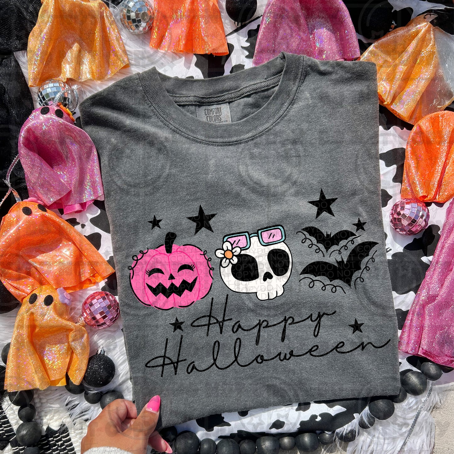 6502 - Happy Halloween pink pumpkin with skull *DTF Transfers