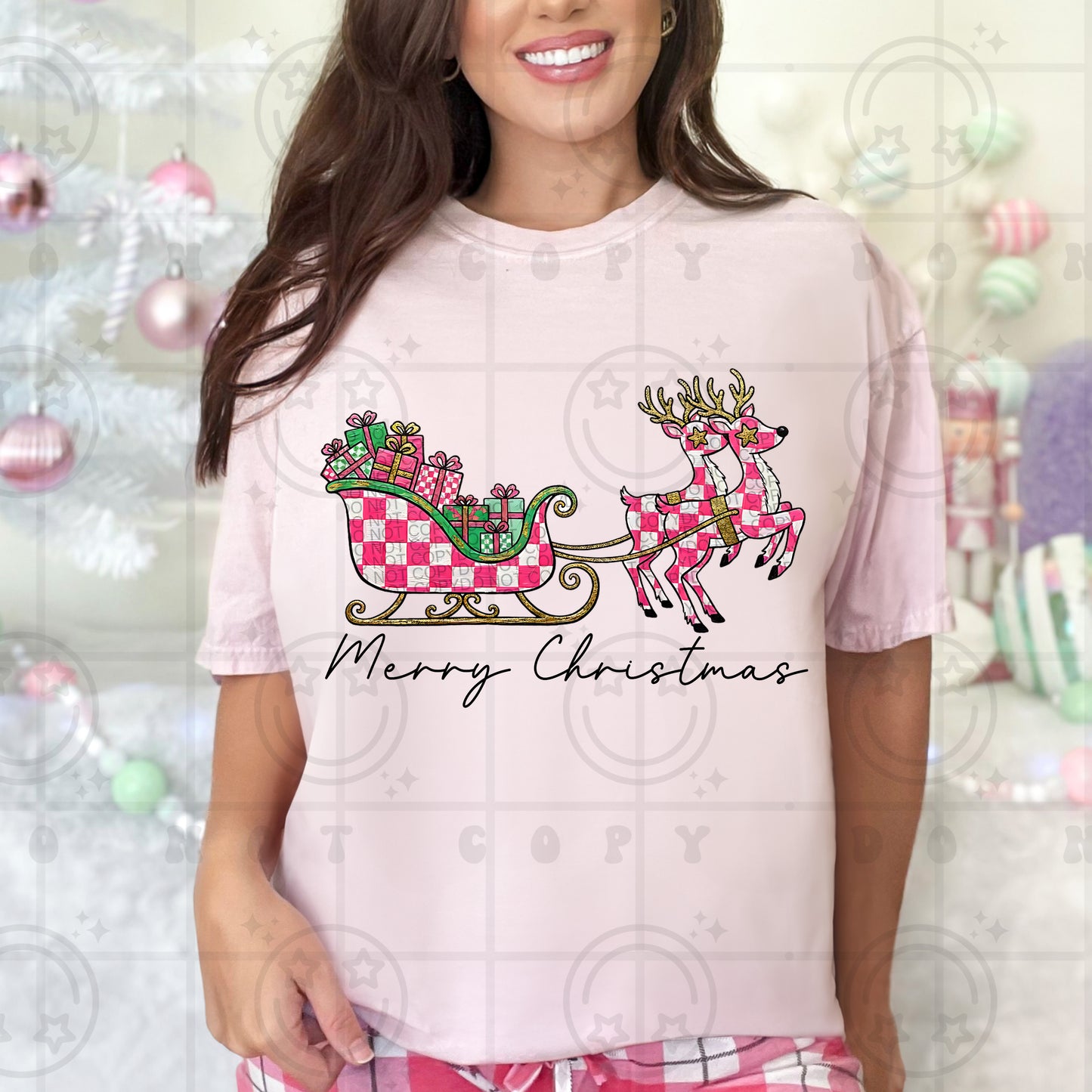 6577 - Merry christmas checkered reindeer with sleigh *DTF Transfer