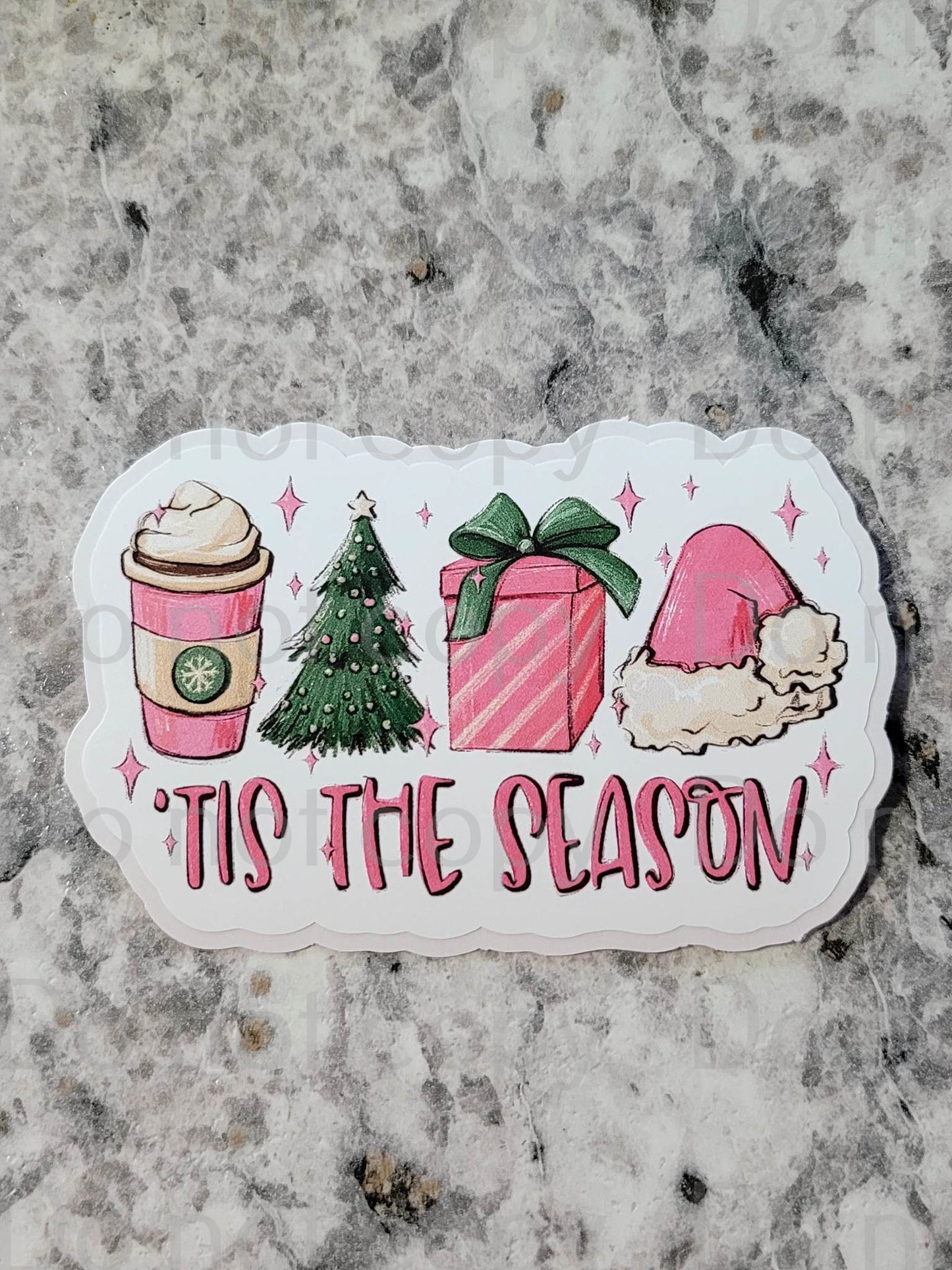 Pink tis the season coffee cup and Santa hat Die cut sticker 3-5 Business Day TAT.