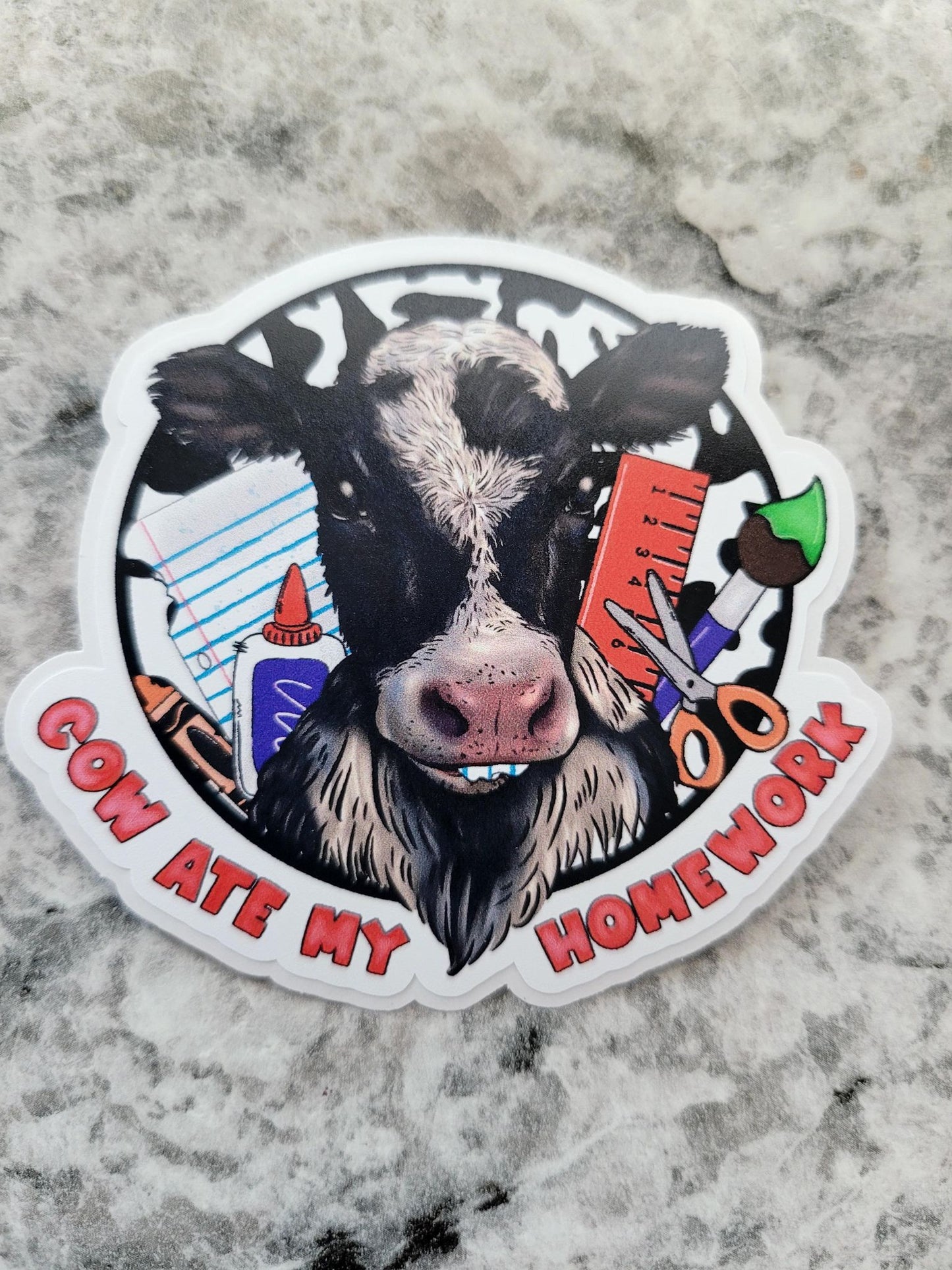Cow ate my homework boy Die cut sticker 3-5 Business Day TAT