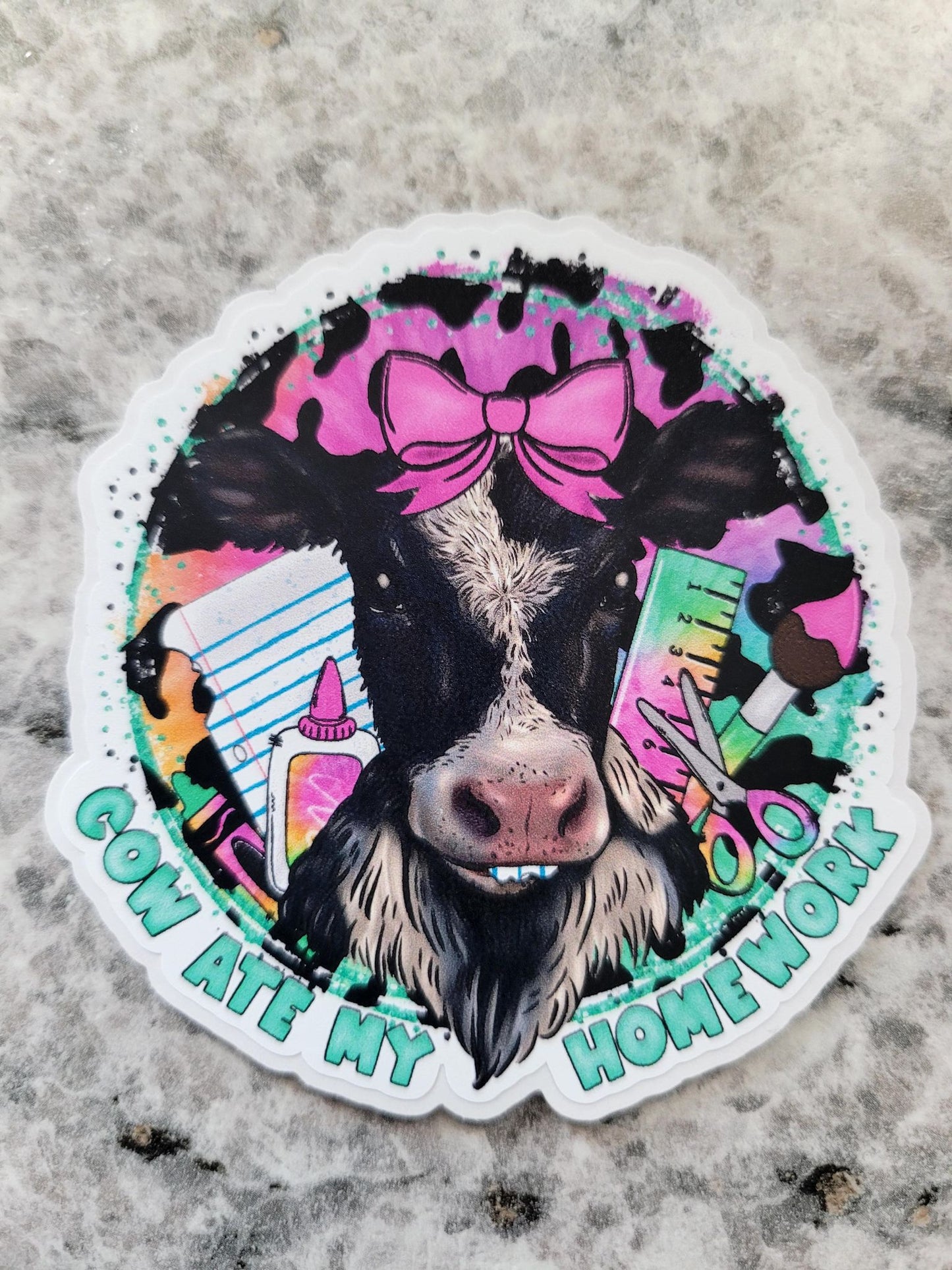 Cow ate my homework girl Die cut sticker 3-5 Business Day TAT
