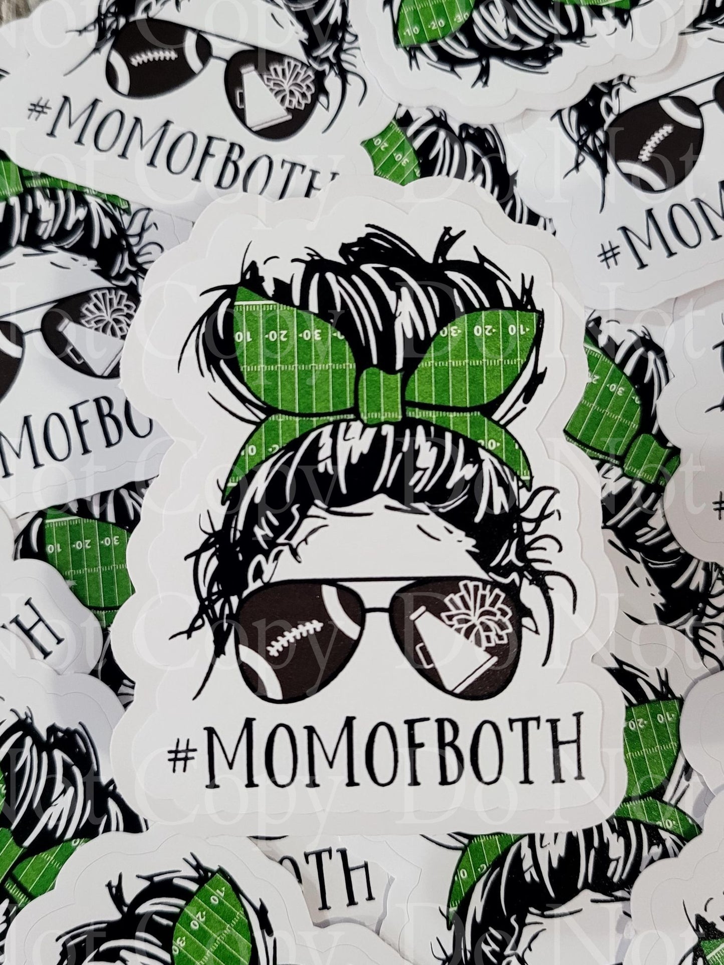 Mom of both football and cheer messy bun Die cut sticker 3-5 Business Day TAT.
