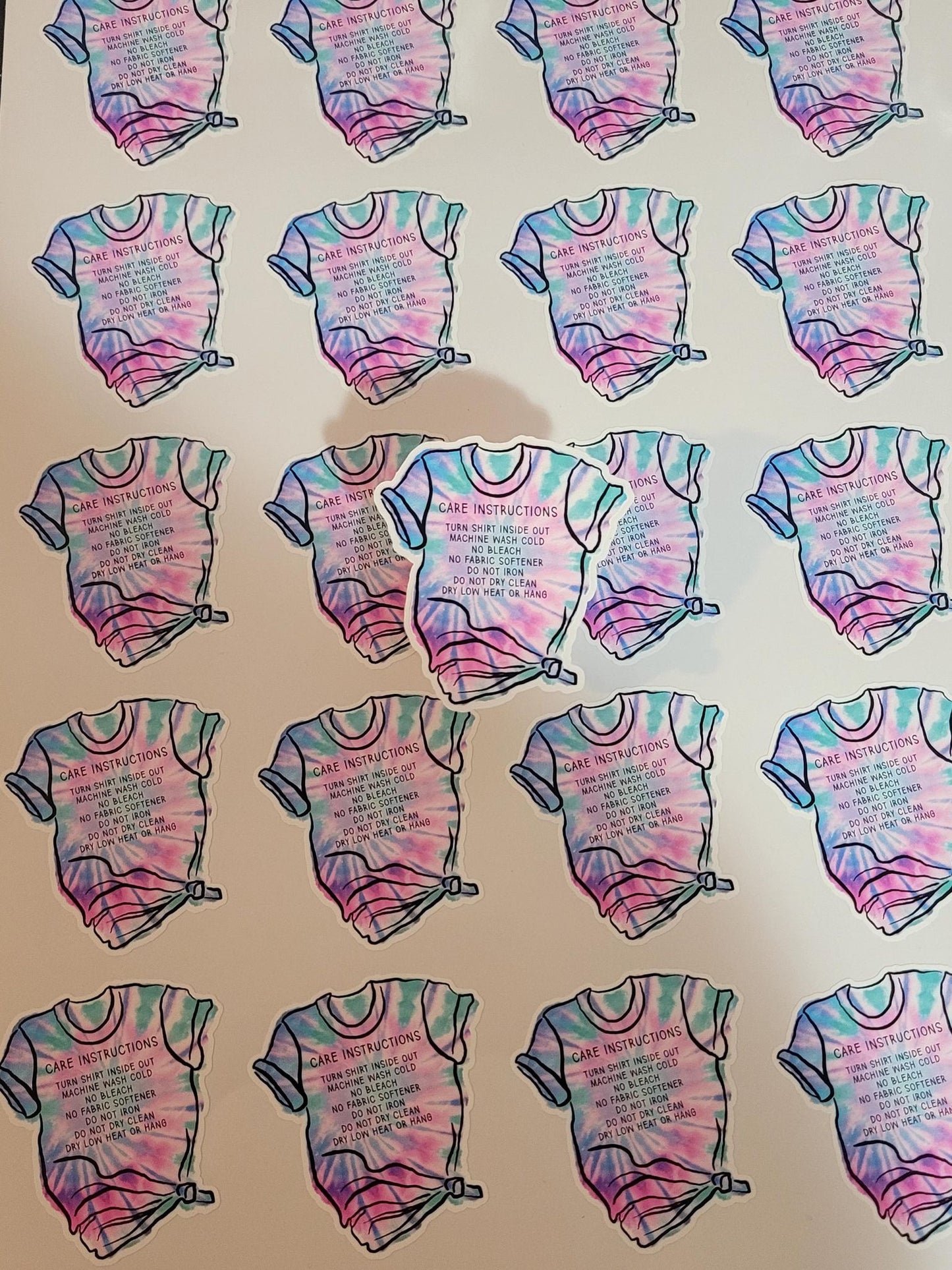 T-shirt care instruction sticker sheet