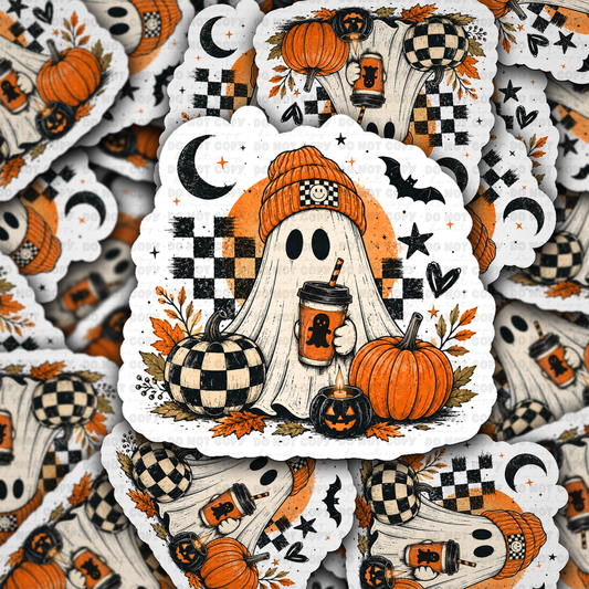 DS 3320 - Ghost with pumpkins and coffee Die Cut sticker