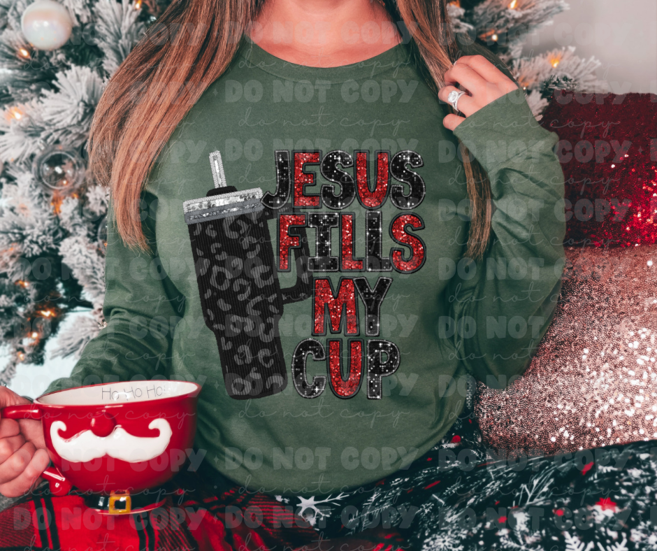 2916 Faux Glitter Jesus Fill My Cup Corduroy Cup Black Leopard  *DREAM TRANSFER* DTF