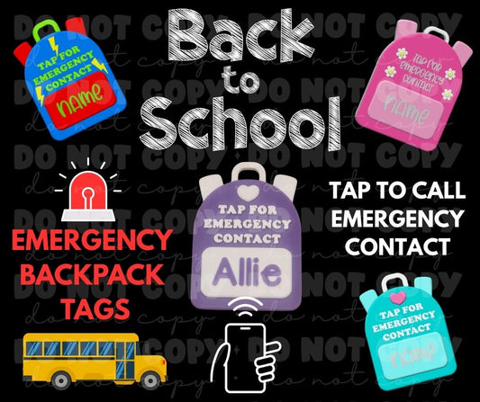Emergency tap to contact backpack keychain tag back pack - Custom Personalized You choose colors