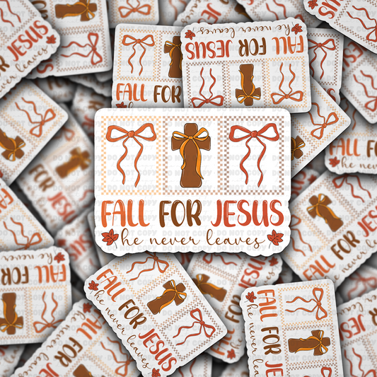 DC 2028 - Fall for Jesus he never leaves cross with bow Die Cut Sticker