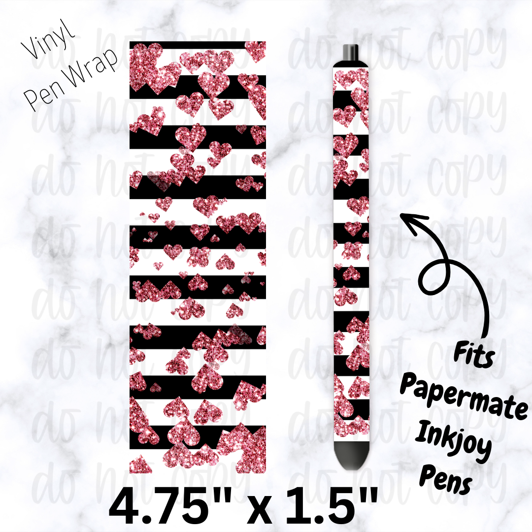 pw277 Black Stripe Pink heart Pen Wrap
