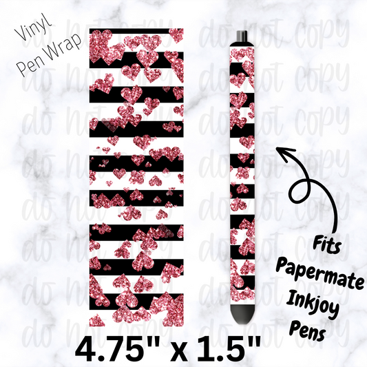 pw277 Black Stripe Pink heart Pen Wrap
