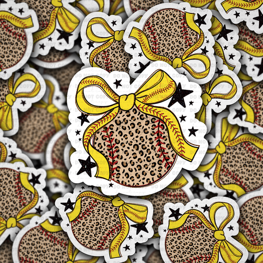 DS - 2631 Leopard softball with coquette bow Die Cut sticker
