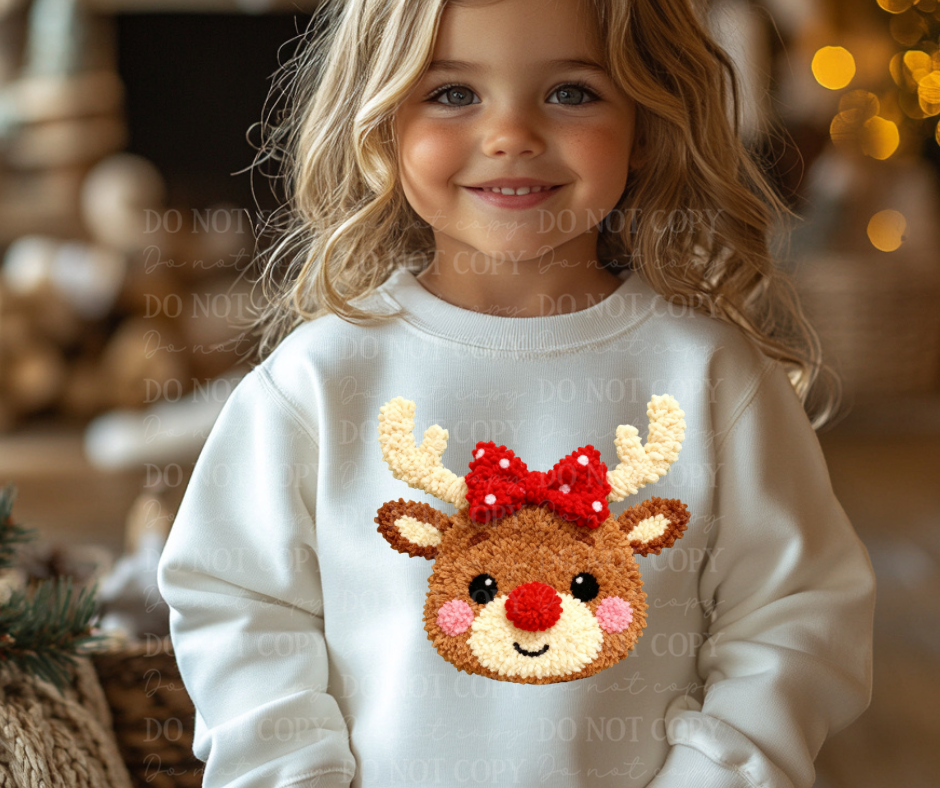 6585 - Girl reindeer with bow faux yarn *DTF Transfer