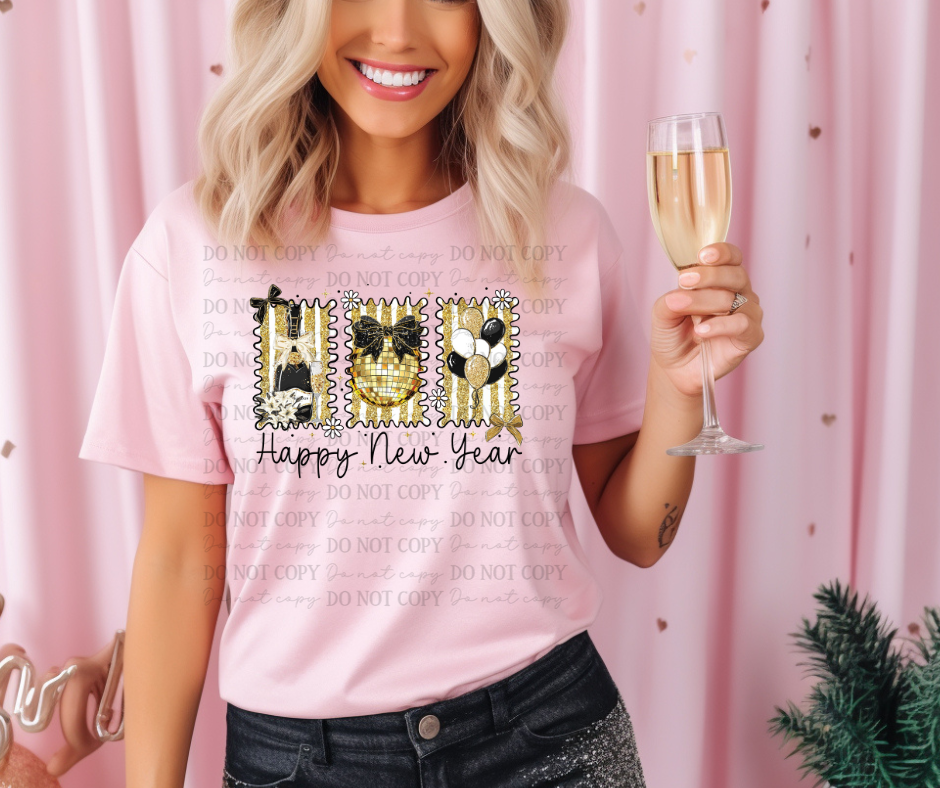 6603 - Happy new year gold with black lettering *DTF Transfer