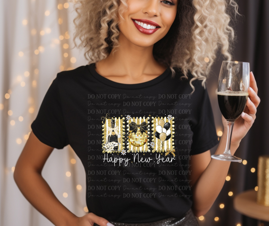 6608 - Happy new year with gold lettering *DTF Transfer