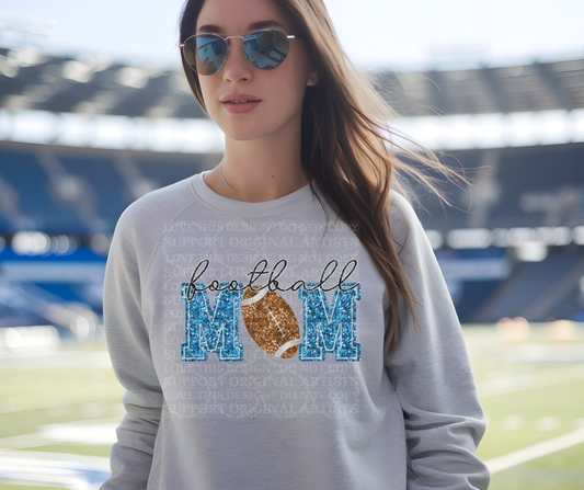 5236 - Football Mom faux glitter blue with light football *DTF