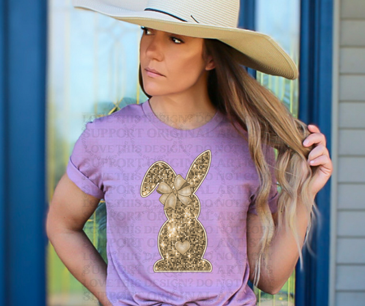 5281 - Goldish faux sequin glitter spring Easter bunny design *DTF
