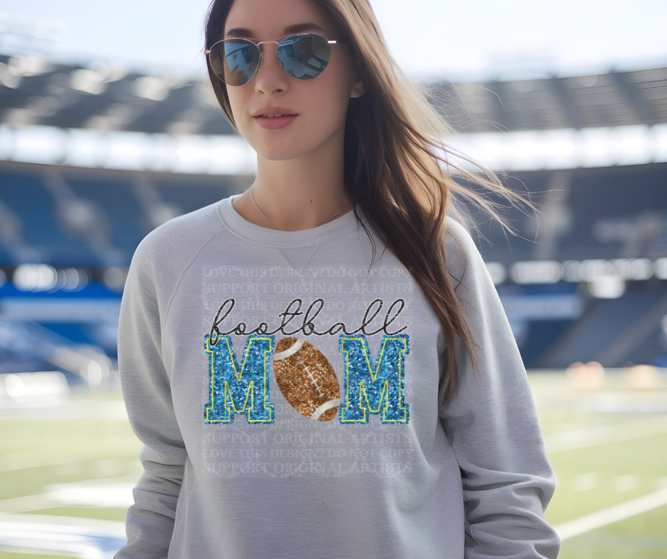 5233 - Football Mom faux glitter blue and yellow with light football *DTF
