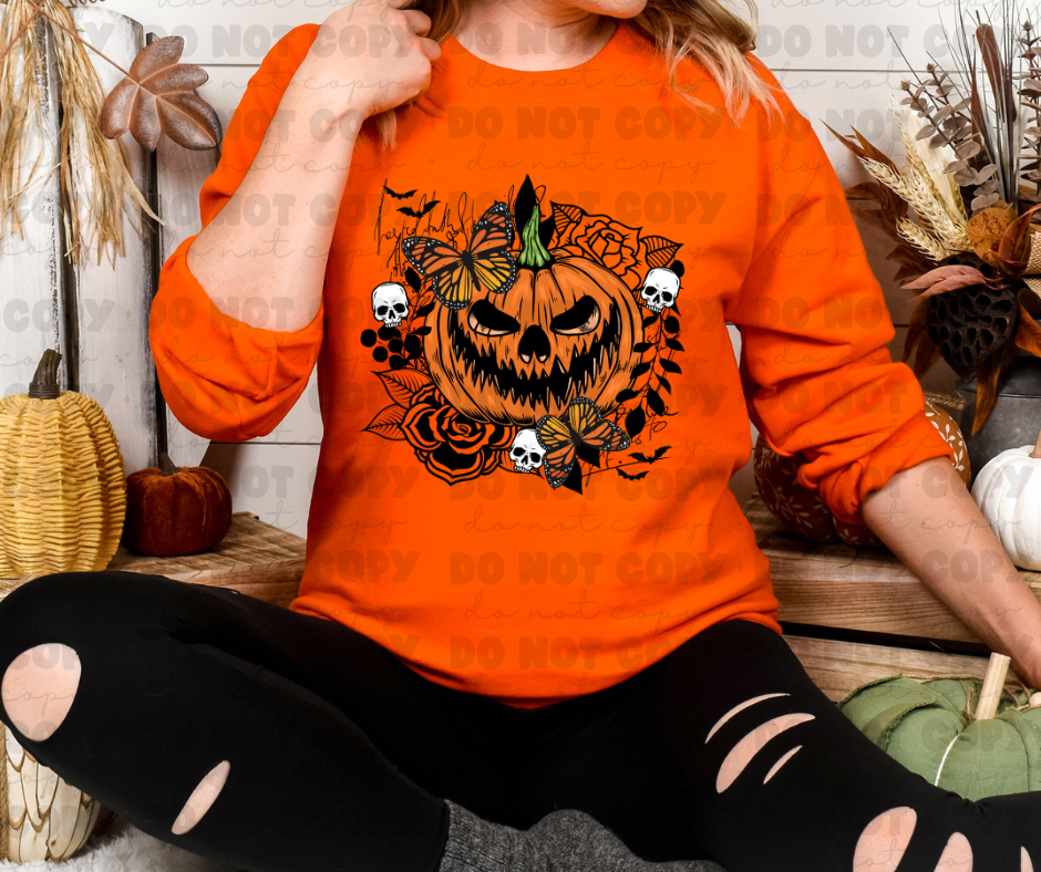 6489 - Halloween pumpkin with butterfly and skulls *DTF Transfers