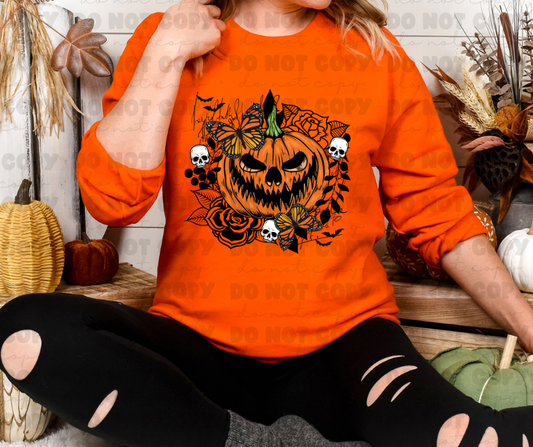 6489 - Halloween pumpkin with butterfly and skulls *DTF Transfers
