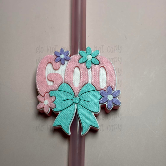 God with bow and flowers straw topper