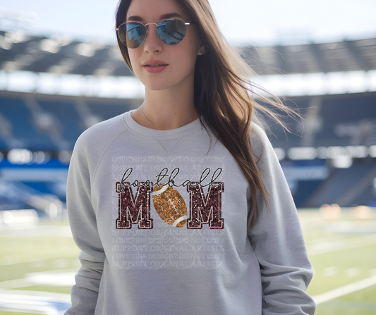 5253 - Football Mom faux glitter Maroon with light football *DTF