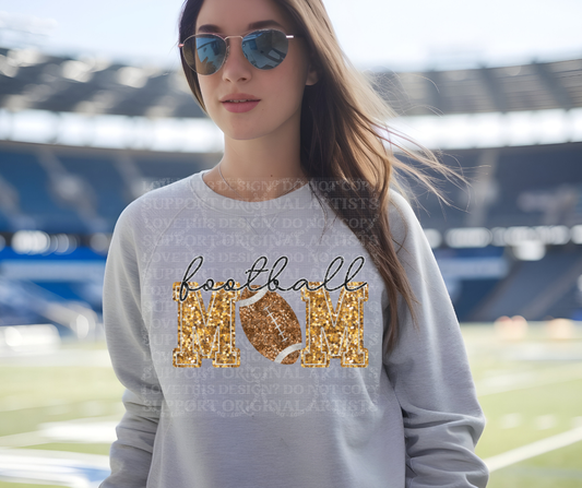 5250 - Football Mom faux glitter yellowish gold with light football *DTF