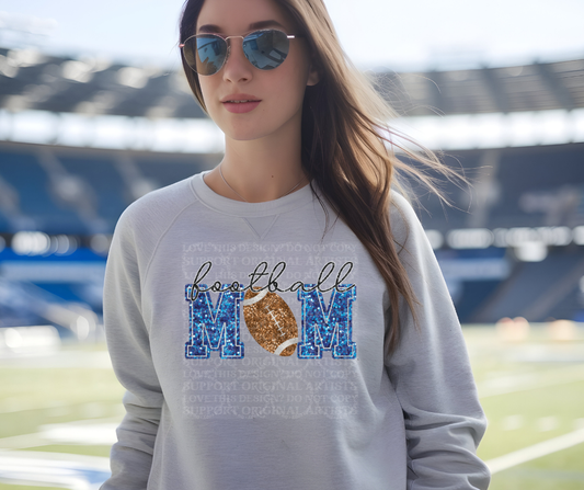 5238 - Football Mom faux glitter medium blue with light football *DTF