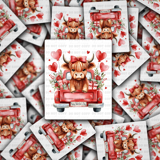 DS - 2435 Valentine truck with highland cow Die Cut Sticker