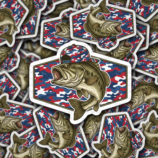 DS 2894 - Bass fish red white blue camo Die Cut sticker