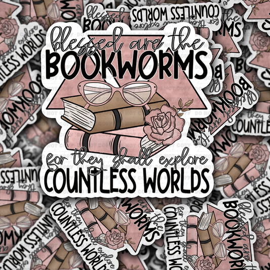 DC 1371 Blessed are the bookworms for they shall explore countless words - die cut sticker