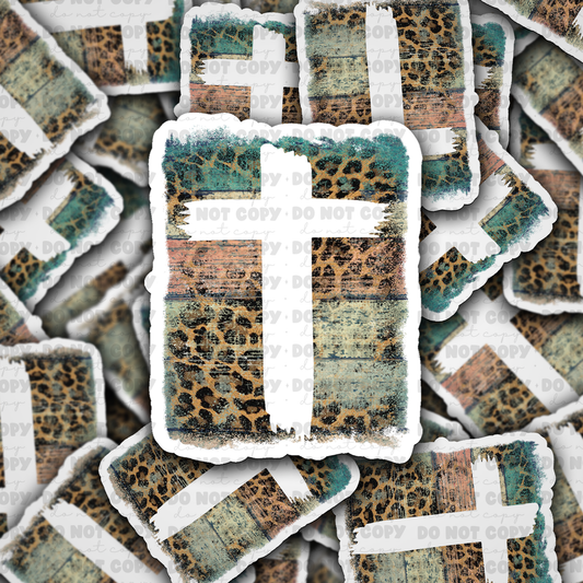 DC588 Cross rustic leopard Die cut sticker 3-5 Business Day TAT