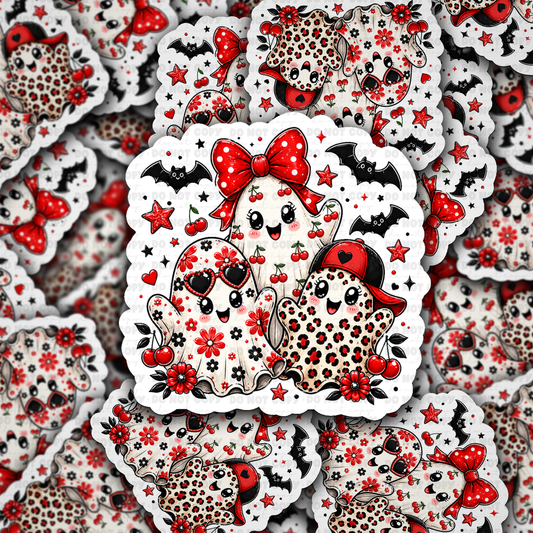 DS 3270 - Cute cheetah ghost, cherry ghost with bow, and swaggy ghost Die Cut sticker