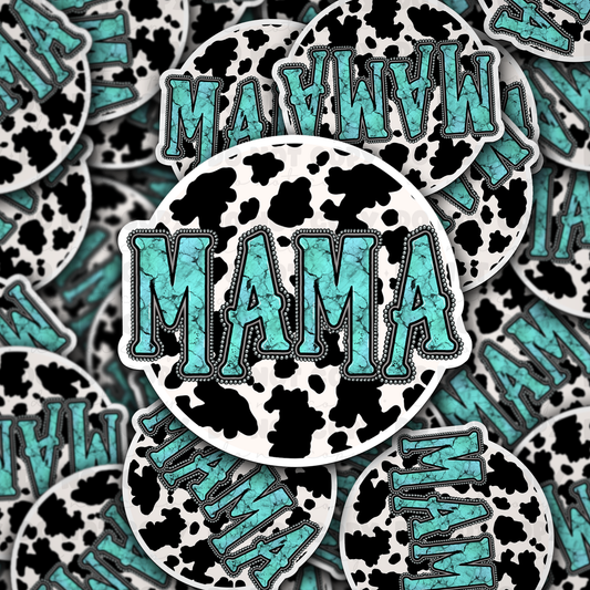 DC 932 mama cow print turquoise circle  Die cut sticker 3-5 Business Day TAT