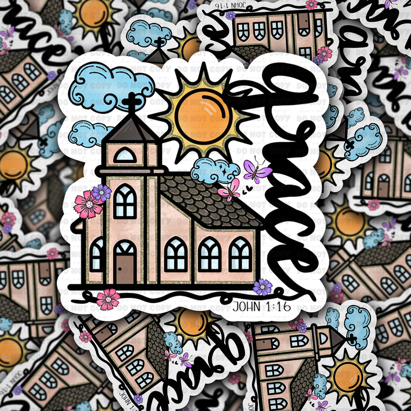 DC 1630 - Grace with church Die Cut Sticker