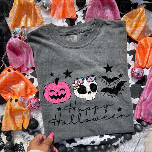 6502 - Happy Halloween pink pumpkin with skull *DTF Transfers
