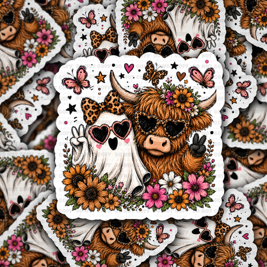 DS 3276 - Highland cow and Ghost with bow Die Cut sticker