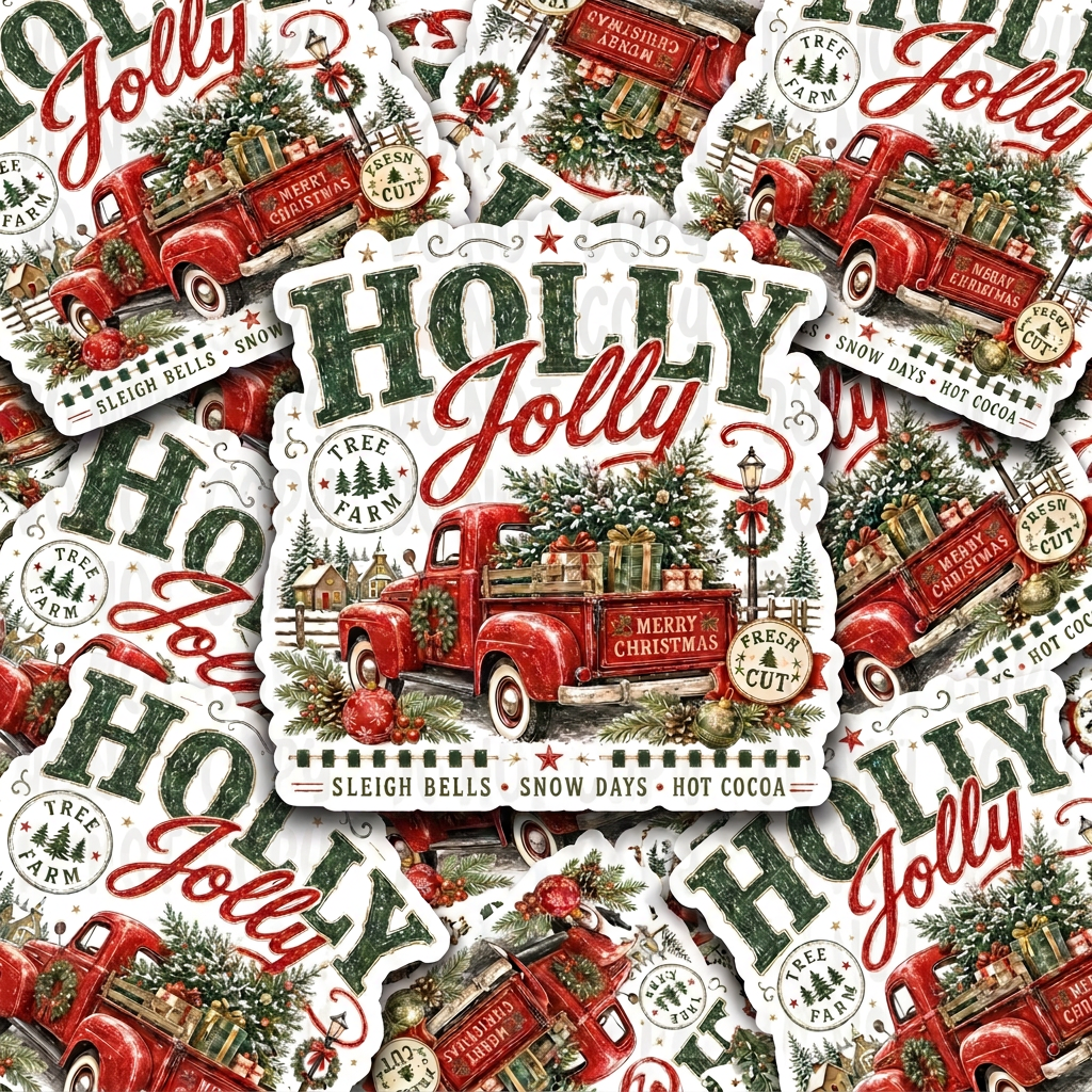 Holly Jolly Christmas Tree Farm sticker pile with faint watermark