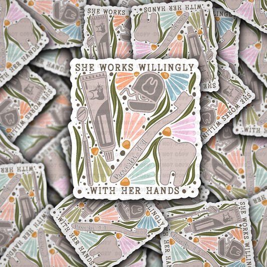 DC 1434 -  She works willingly with her hands dentist die cut sticker