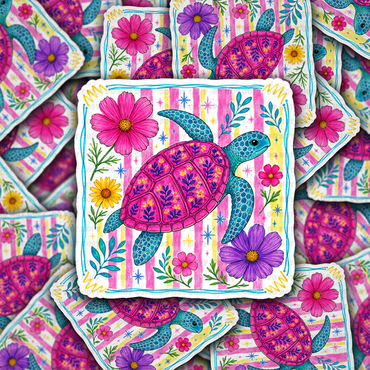 DS 3067 - Turtle With Flowers Die Cut sticker