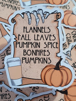 Flannel fall leaves pumpkin spice bonfires pumpkins Die cut sticker 3-5 Business Day TAT
