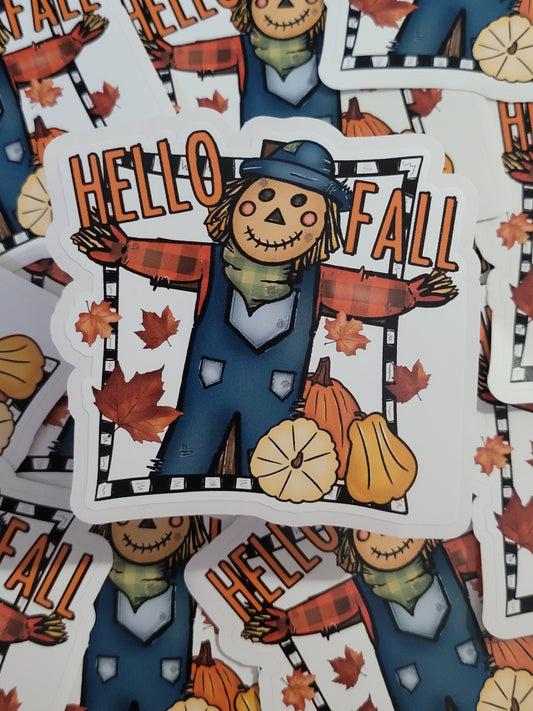 Hello fall scarecrow with leaves and pumpkins Die cut sticker 3-5 Business Day TAT