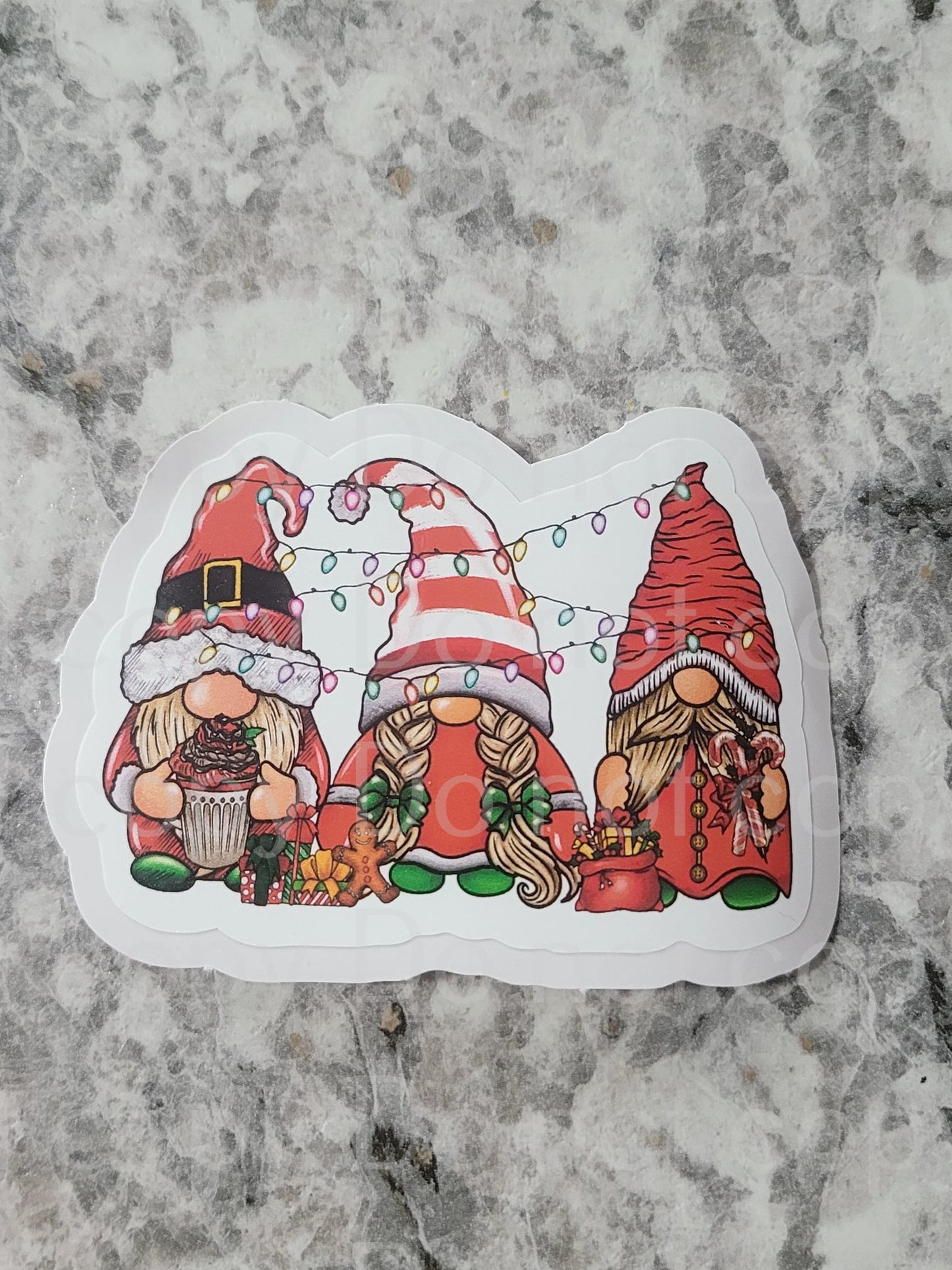 Red gnomes with Christmas lights Die cut sticker 3-5 Business Day TAT.